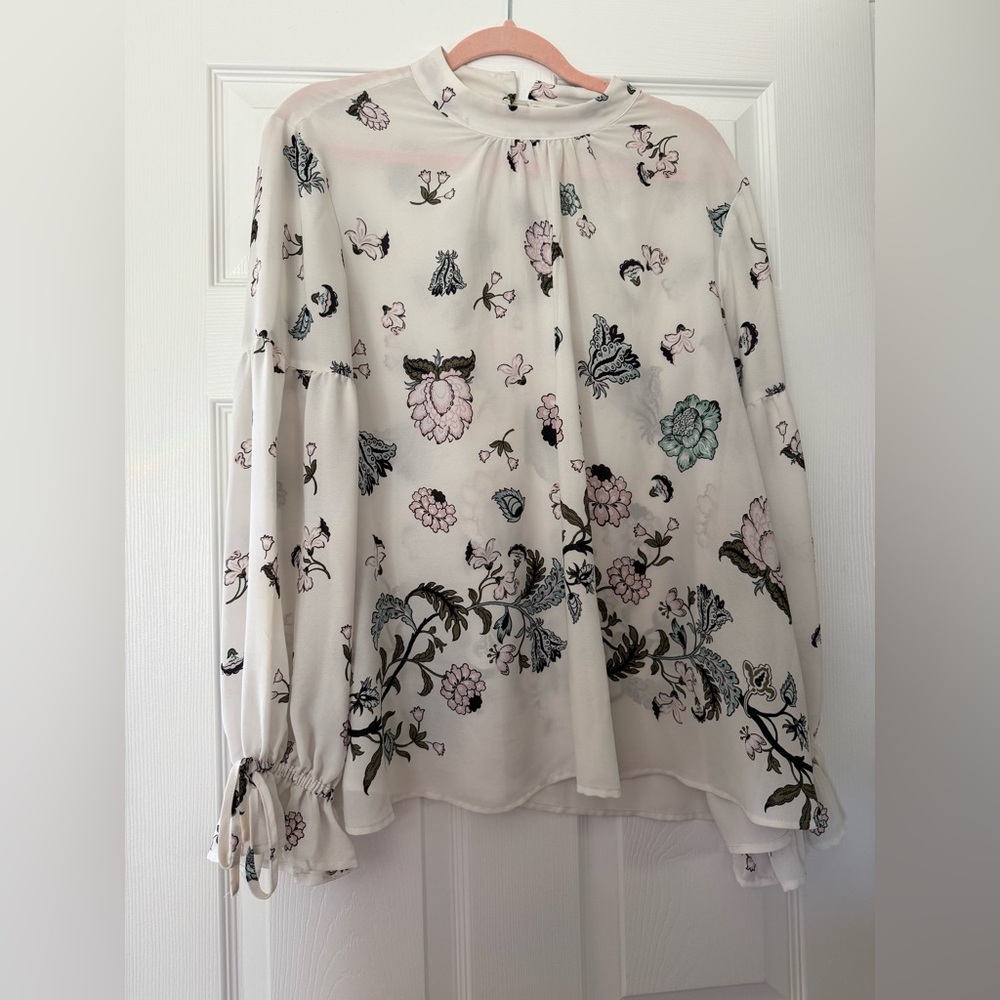 LOFT Cream Floral Midi Skirt with Pink and Sage Accents